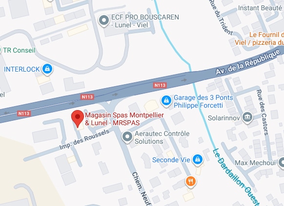 Magasin Spas Montpellier & Lunel - MRSPAS sur carte près N113 et Av. de la République, avec ECF PRO BOUSCAREN, Garage des 3 Ponts, Solarinnov.