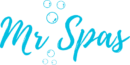 Logo turquoise "Mr Spas" en police script, entouré de bulles, sur fond noir. Idéal pour service ou produit spa.