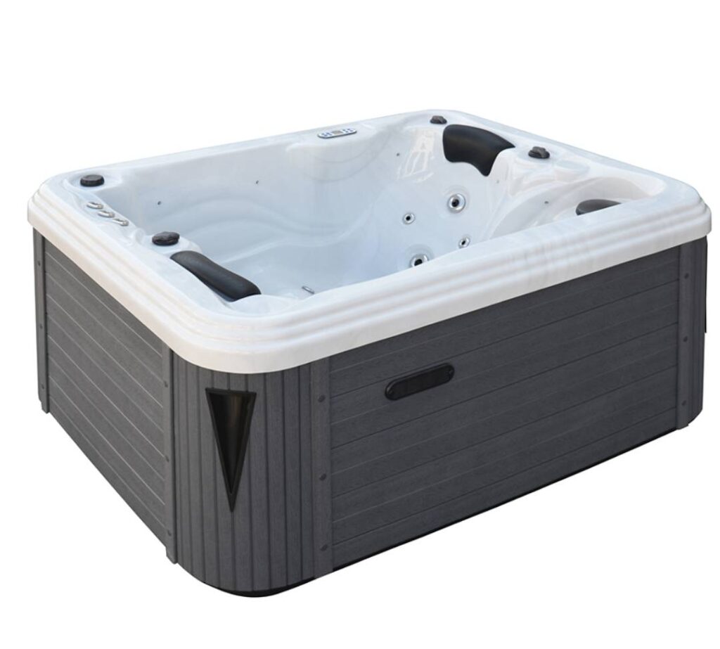 Spa extérieur gris anthracite et blanc, avec jets massants, appuie-têtes noirs et habillage texturé.