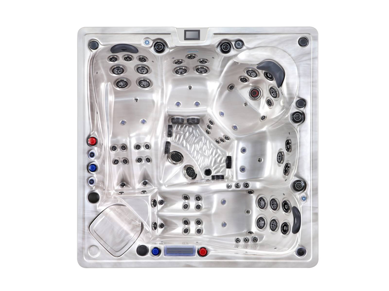 Vue aérienne d'un spa moderne gris marbré avec multiples sièges, jets de massage, appuie-têtes et panneaux de contrôle colorés.