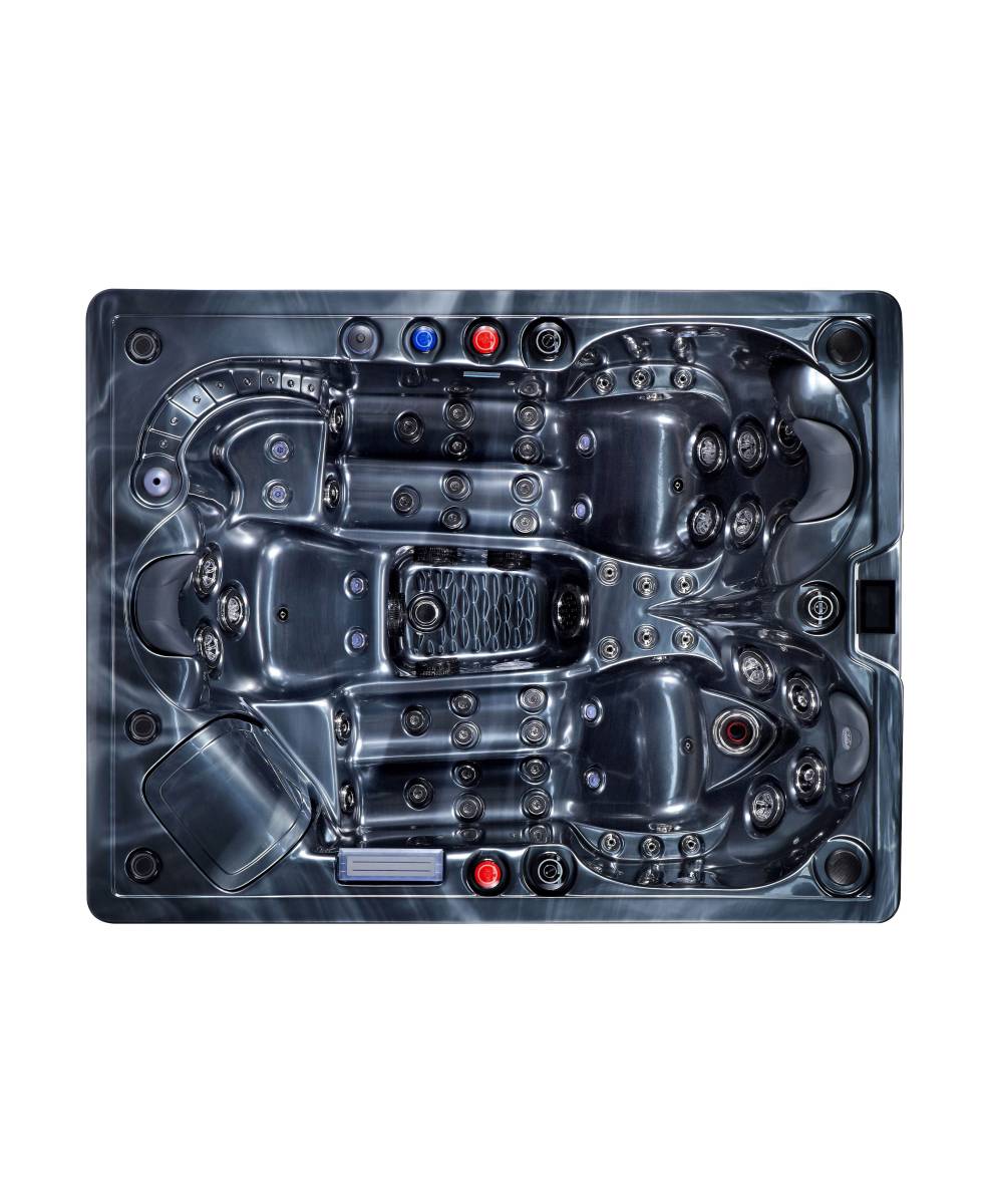 Spa de luxe gris foncé, vue de dessus, avec nombreux jets, sièges ergonomiques et panneaux de commande bleus et rouges.
